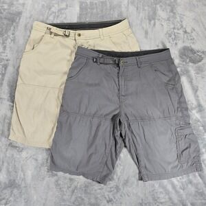 Prana Stretch Zion Cargo Shorts Mens L Gray Beige Outdoor Hiking Camp Lot of 2